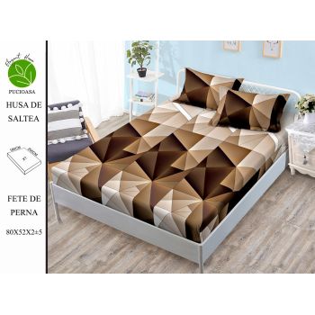 Husa de pat cu elastic 180x200 din Bumbac Finet + 2 Fete de Perna - Geometric Maro la reducere