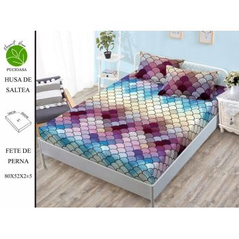 Husa de pat cu elastic 180x200 din Bumbac Finet + 2 Fete de Perna - Geometric Mermaid