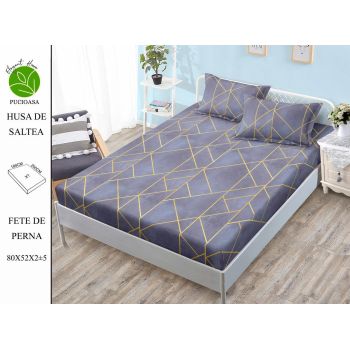 Husa de pat cu elastic 180x200 din Bumbac Finet + 2 Fete de Perna - Geometric Mov ieftin