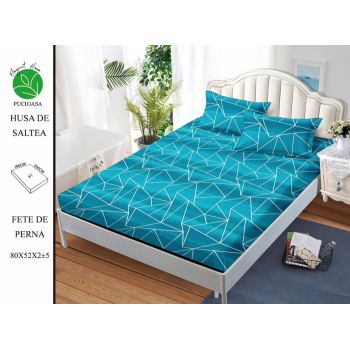 Husa de pat cu elastic 180x200 din Bumbac Finet + 2 Fete de Perna - Geometric Turcoaz