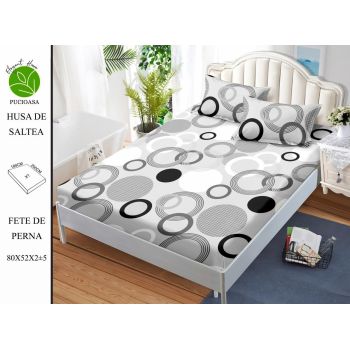 Husa de pat cu elastic 180x200 din Bumbac Finet + 2 Fete de Perna - Gri Cu Buline ieftin