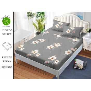 Husa de pat cu elastic 180x200 din Bumbac Finet + 2 Fete de Perna - Gri Cu Flori