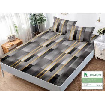 Husa de pat cu elastic 180x200 din Bumbac Finet + 2 Fete de Perna - Gri Galben