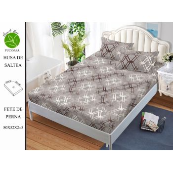 Husa de pat cu elastic 180x200 din Bumbac Finet + 2 Fete de Perna - Gri Geometric