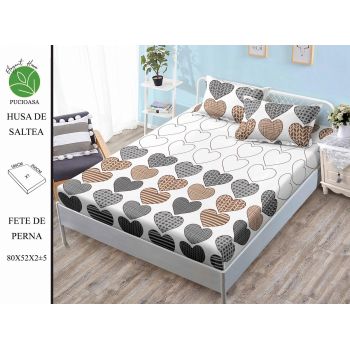 Husa de pat cu elastic 180x200 din Bumbac Finet + 2 Fete de Perna - Inimi Colorate