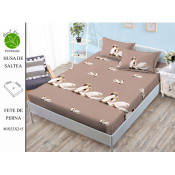 Husa de pat cu elastic 180x200 din Bumbac Finet + 2 Fete de Perna - Lebede