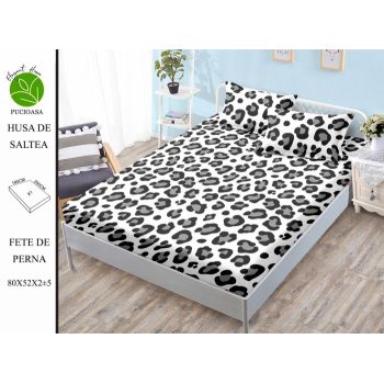 Husa de pat cu elastic 180x200 din Bumbac Finet + 2 Fete de Perna - Leopard Alb