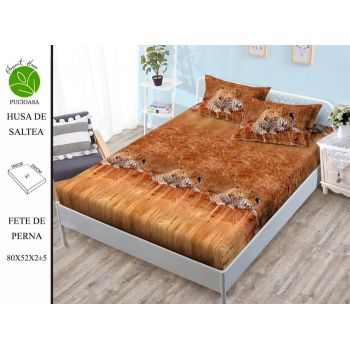 Husa de pat cu elastic 180x200 din Bumbac Finet + 2 Fete de Perna - Leopard Jungla