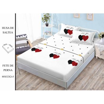 Husa de pat cu elastic 180x200 din Bumbac Finet + 2 Fete de Perna - Love You