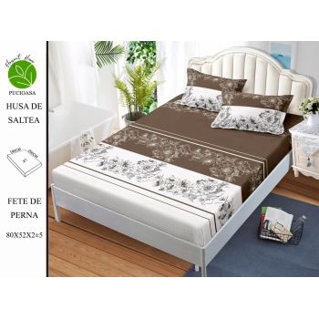 Husa de pat cu elastic 180x200 din Bumbac Finet + 2 Fete de Perna - Maro Alb Cu Flori