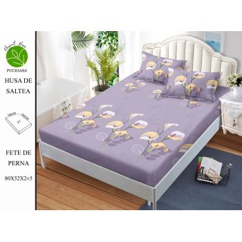 Husa de pat cu elastic 180x200 din Bumbac Finet + 2 Fete de Perna - Mov Cu Flori