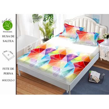 Husa de pat cu elastic 180x200 din Bumbac Finet + 2 Fete de Perna - Multicolor Geometric la reducere