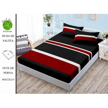 Husa de pat cu elastic 180x200 din Bumbac Finet + 2 Fete de Perna - Negru Rosu Alb ieftin