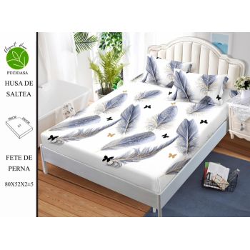 Husa de pat cu elastic 180x200 din Bumbac Finet + 2 Fete de Perna - Pene Albastre Fluturi