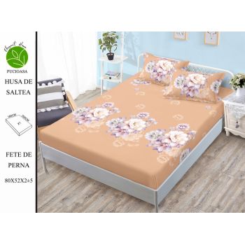 Husa de pat cu elastic 180x200 din Bumbac Finet + 2 Fete de Perna - Portocaliu Cu Flori la reducere