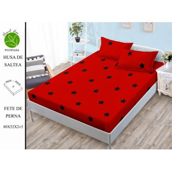Husa de pat cu elastic 180x200 din Bumbac Finet + 2 Fete de Perna - Rosu Cu Stelute ieftin