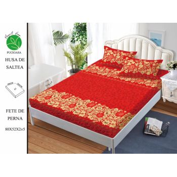 Husa de pat cu elastic 180x200 din Bumbac Finet + 2 Fete de Perna - Rosu Cu Trandafiri ieftin