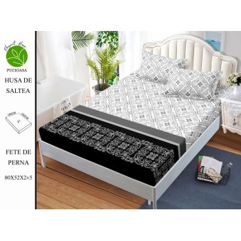 Husa de pat cu elastic 180x200 din Bumbac Finet + 2 Fete de Perna - Royal Alb Negru ieftin