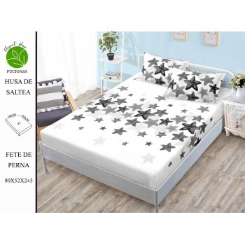 Husa de pat cu elastic 180x200 din Bumbac Finet + 2 Fete de Perna - Stelute Negru Gri ieftin