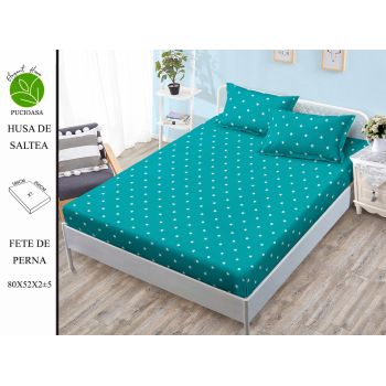 Husa de pat cu elastic 180x200 din Bumbac Finet + 2 Fete de Perna - Turcoaz Cu Buline ieftin
