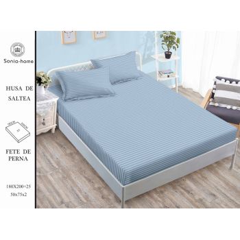 Husa de pat cu elastic 180x200 din Bumbac Finet + 2 Fete de Perna - Uni Cu Linii Albastru