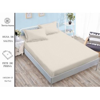 Husa de pat cu elastic 180x200 din Bumbac Finet + 2 Fete de Perna - Uni Cu Linii Crem ieftin