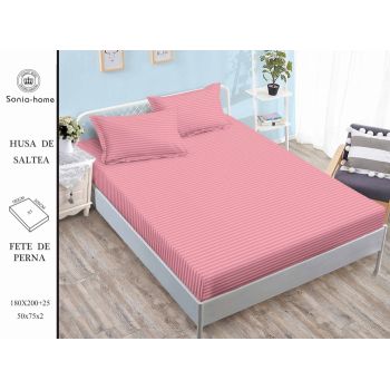 Husa de pat cu elastic 180x200 din Bumbac Finet + 2 Fete de Perna - Uni Cu Linii Roz ieftin