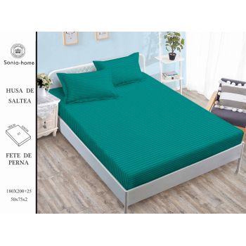 Husa de pat cu elastic 180x200 din Bumbac Finet + 2 Fete de Perna - Uni Cu Linii Turcoaz