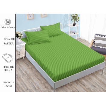 Husa de pat cu elastic 180x200 din Bumbac Finet + 2 Fete de Perna - Uni Cu Linii Verde Deschis