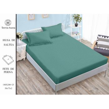 Husa de pat cu elastic 180x200 din Bumbac Finet + 2 Fete de Perna - Uni Cu Linii Verde