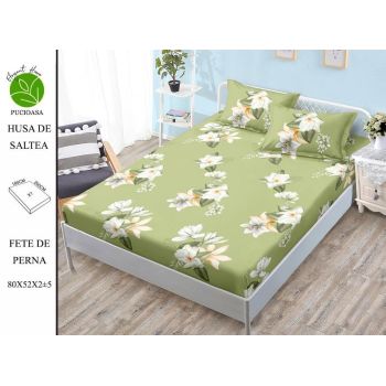 Husa de pat cu elastic 180x200 din Bumbac Finet + 2 Fete de Perna - Verde Cu Flori ieftin