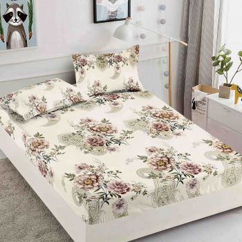 Husa de pat cu elastic din Bumbac Finet + 2 Fete de Perna - Bej Floral ieftin