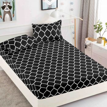 Husa de pat cu elastic din Bumbac Finet + 2 Fete de Perna - Black White