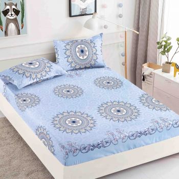 Husa de pat cu elastic din Bumbac Finet + 2 Fete de Perna - Bleumarin Mandala ieftin