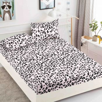 Husa de pat cu elastic din Bumbac Finet + 2 Fete de Perna - Leopard Alb