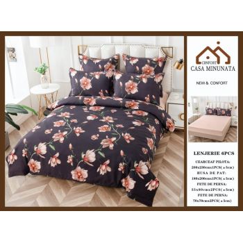 Lenjerie de pat din Bumbac Finet, Cearceaf cu Elastic - Floricele Roz ieftin