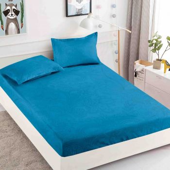 Husa de pat cu elastic din Bumbac Finet + 2 Fete de Perna - Albastru Cu Model