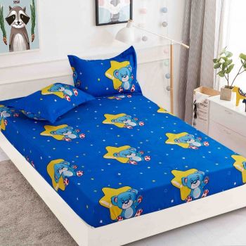 Husa de pat cu elastic din Bumbac Finet + 2 Fete de Perna - Albastru Cu Ursuleti