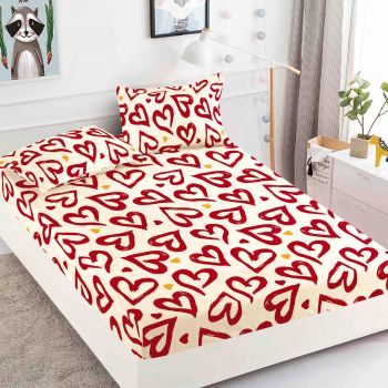Husa de pat cu elastic din Bumbac Finet + 2 Fete de Perna - Crem Cu Inimi Rosii