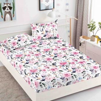 Husa de pat cu elastic din Bumbac Finet + 2 Fete de Perna - Floricele Roz