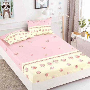 Husa de pat cu elastic din Bumbac Finet + 2 Fete de Perna - Galben Roz Cu Floricele