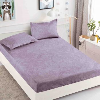 Husa de pat cu elastic din Bumbac Finet + 2 Fete de Perna - Mov Cu Model