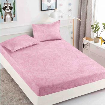 Husa de pat cu elastic din Bumbac Finet + 2 Fete de Perna - Roz Cu Model ieftin