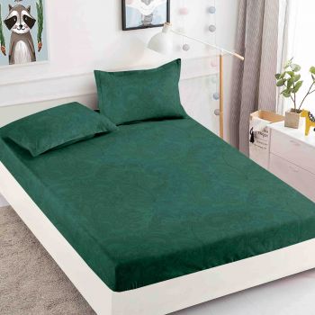 Husa de pat cu elastic din Bumbac Finet + 2 Fete de Perna - Verde Cu Model