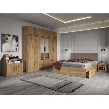 Set dormitor complet Stejar Auriu cu comoda - Madrid - C32 ieftin