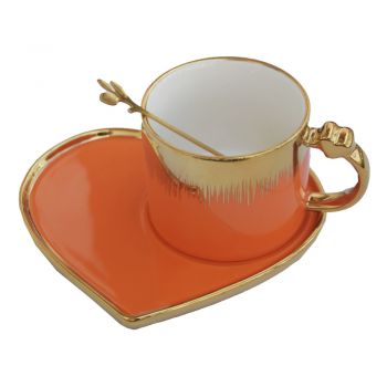 Cana ceramica cu farfurie in forma de inima si lingurita Pufo Desire pentru cafea sau ceai, 180 ml, portocaliu