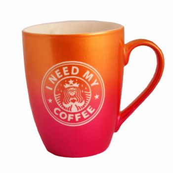 Cana ceramica Pufo Need Coffee, pentru ceai, cafea, suc, 360 ml, portocaliu/roz la reducere