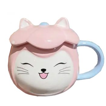Cana cu capac din ceramica Pufo Happy Cat pentru cafea sau ceai, 300 ml, roz