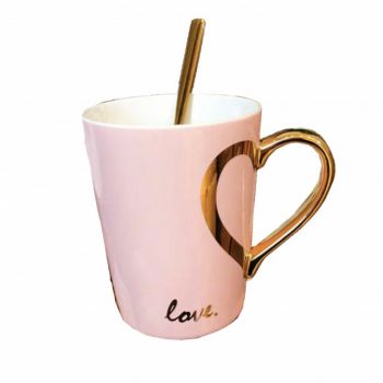 Cana cu capac din ceramica si lingurita Pufo Love pentru cafea sau ceai, 350 ml, roz