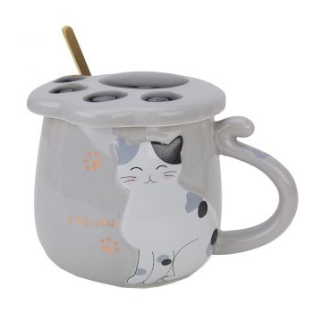 Cana cu capac din ceramica si lingurita Pufo Sweet Kitty pentru cafea sau ceai, 300 ml, gri la reducere